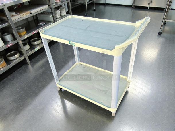 Choice Purple Utility Cart, new in box, unassembled, 42"x20", two shelves, sturdy frame, durable plastic, Choice logo visible.