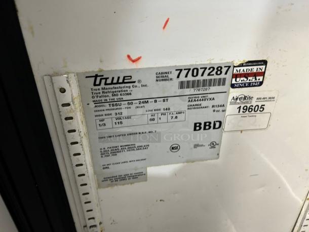 Label on True TSSU-60-12M-B-HC sandwich prep table showing model, voltage, refrigerant type, and NSF certification.