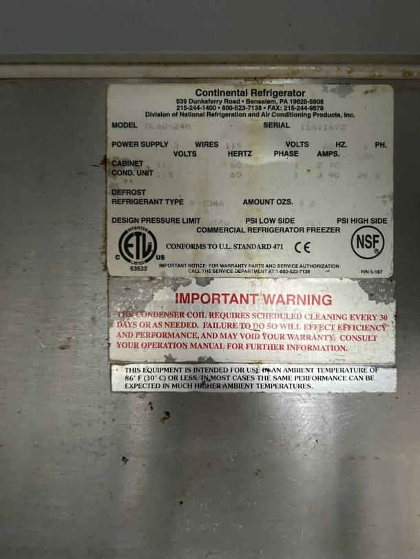 Continental Refrigerator DL60-16C label displaying model, power requirements, refrigerant type, safety warnings, and certifications.