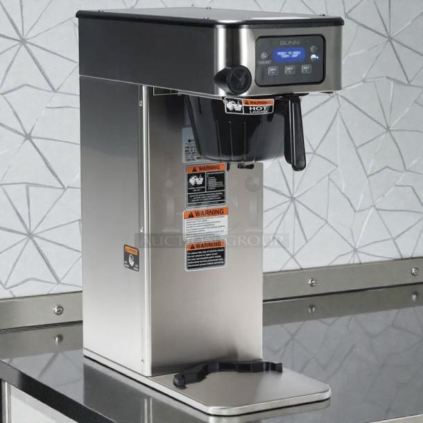 Bunn ICB-DV automatic coffee brewer, stainless steel, tested and working, ideal for thermal servers, with warning labels.
