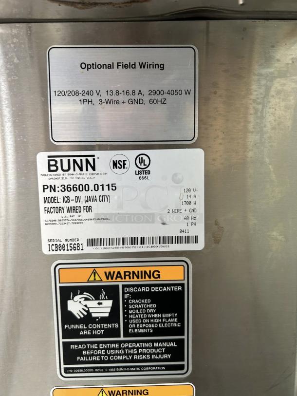 Bunn ICB-DV Automatic Coffee Brewer for Thermal Servers, great condition. Tested, working with wiring and safety labels.
