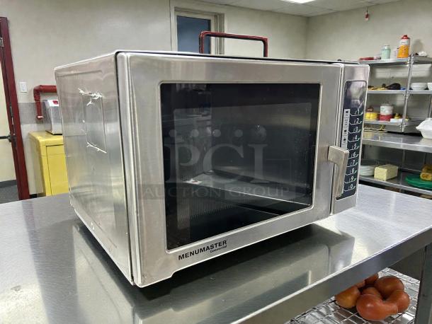 Menumaster MCS10TS 1000W microwave oven, stainless steel, medium volume, tested and working, slight exterior wear.