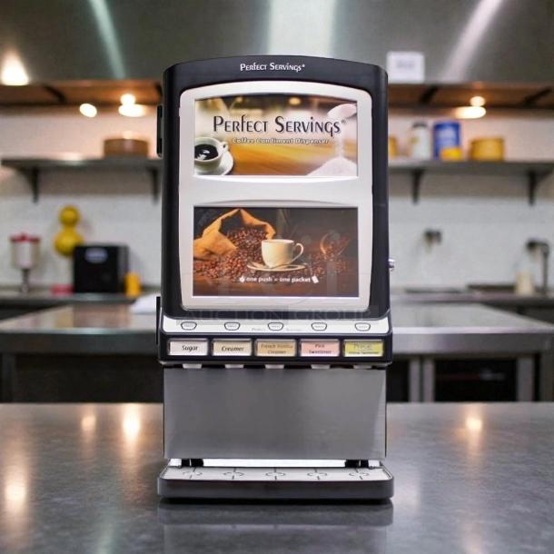 Perfect Servings D-PSPD-5 powder dispenser, 120V, excellent condition, fully tested and working, featuring labeled buttons.