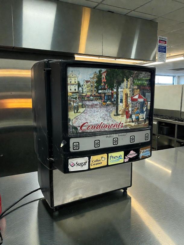 Perfect Servings D-PSPD-5 powder dispenser; great condition, 120V, fully tested. Features labels for condiments.