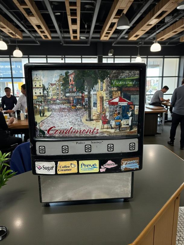 Perfect Servings D-PSPD-5 powder dispenser, 120V, fully tested, excellent condition. Features buttons for sugar, coffee creamer, and sweeteners.