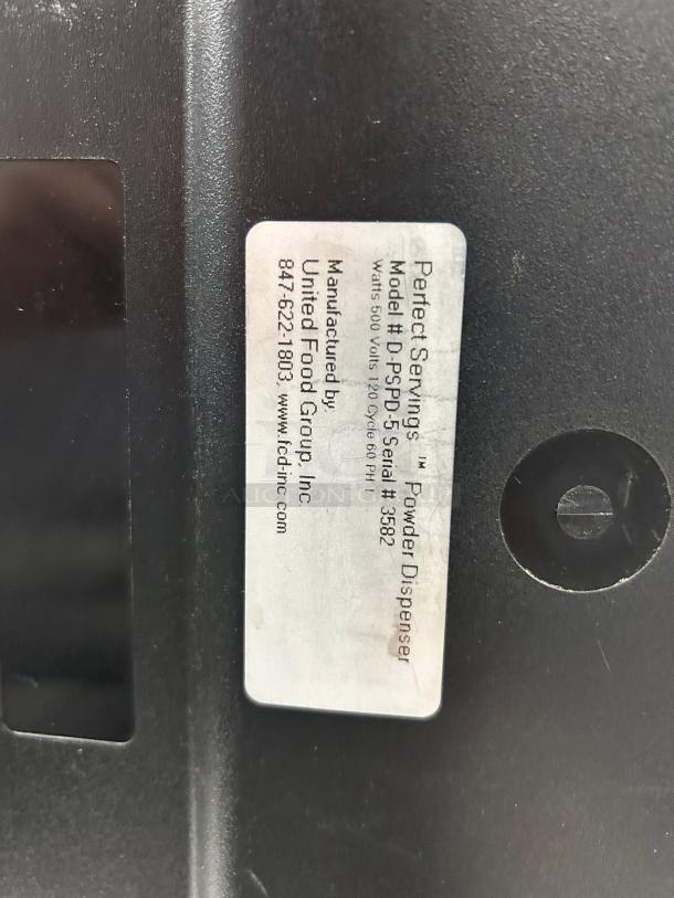 Perfect Servings D-PSPD-5 powder dispenser label, 120V, 500 watts, model and serial info, great condition, fully tested.