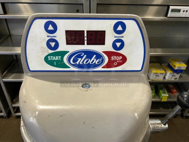Globe SP20 20 Qt. Planetary Mixer, 120V, 1/2 hp. Tested, working, with guard. Control display showing timer and start/stop buttons.
