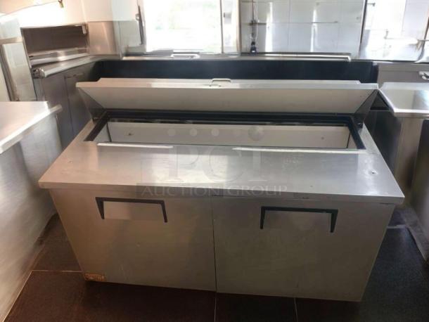 True TSSU-60-16 sandwich/salad prep table, 60" wide, stainless steel, great condition, tested, 115V, dual door.