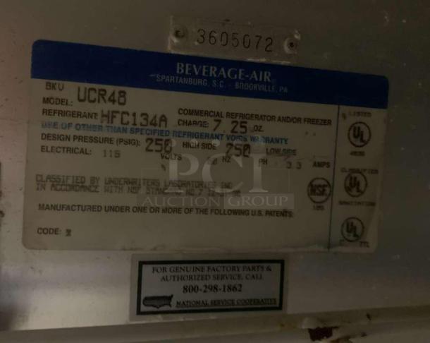 Beverage-Air UCR48 undercounter refrigerator label, model info, 115V, HFC134A refrigerant, tested and working.