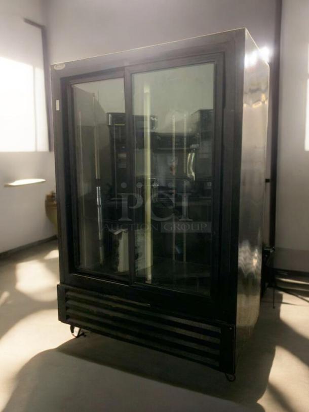 Bush Refrigeration FS52GD double glass door merchandiser, in prime condition, 115V, fully tested, black exterior.