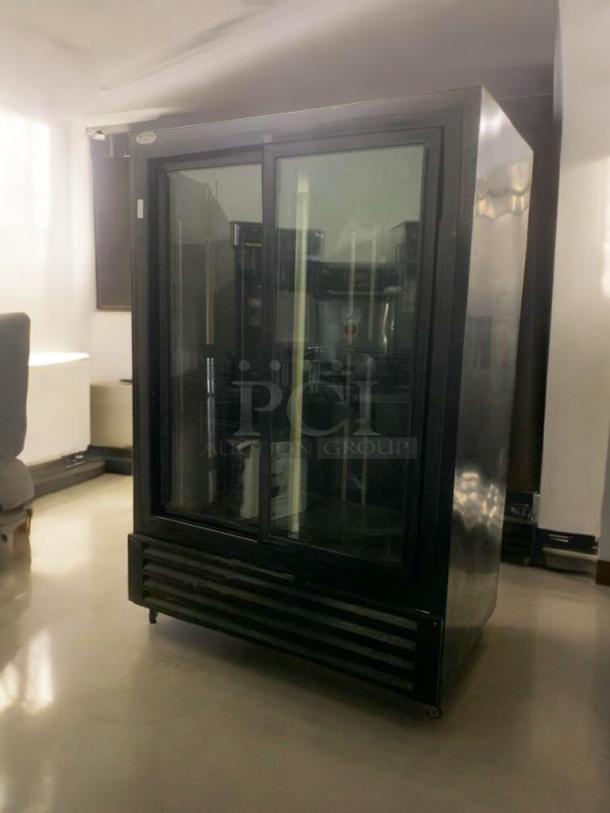 Prime condition Bush Refrigeration FS52GD double glass door merchandiser. Fully tested, 115V, black exterior, Camden, NJ.