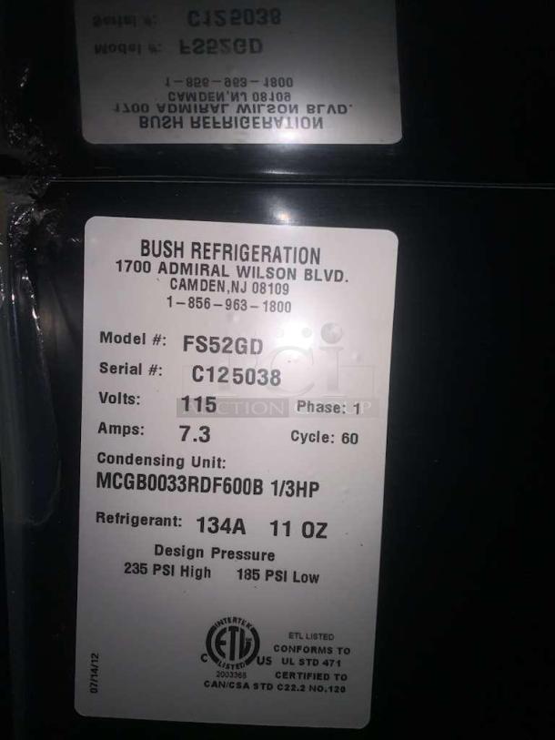 Bush Refrigeration FS52GD double glass door merchandiser, model FS52GD, 115V, fully tested, prime condition, Camden, NJ.