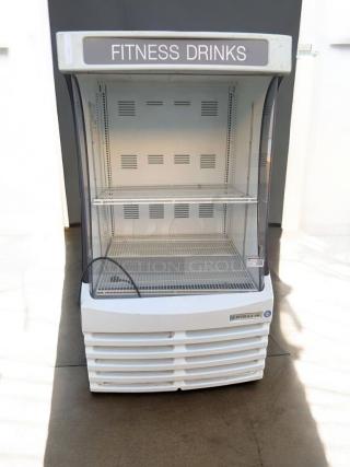 Beverage-Air CRG74-1 open-air merchandiser cooler in great condition, labeled "Fitness Drinks," fully tested and working, 115V.
