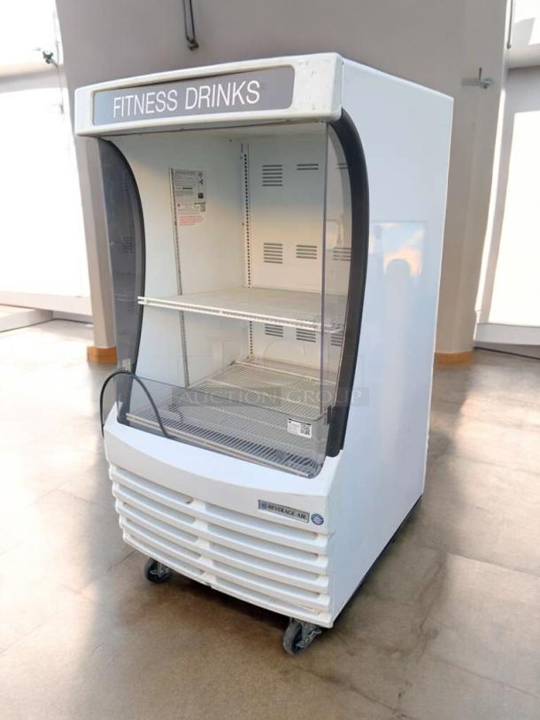 Beverage-Air CRG74-1 open-air merchandiser cooler, great condition, 115V, fully tested, shelves, "Fitness Drinks" label.