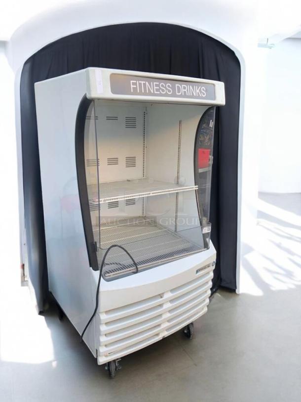 Beverage-Air CRG74-1 open-air merchandiser cooler, great condition, 115V, fully tested, "Fitness Drinks" sign.