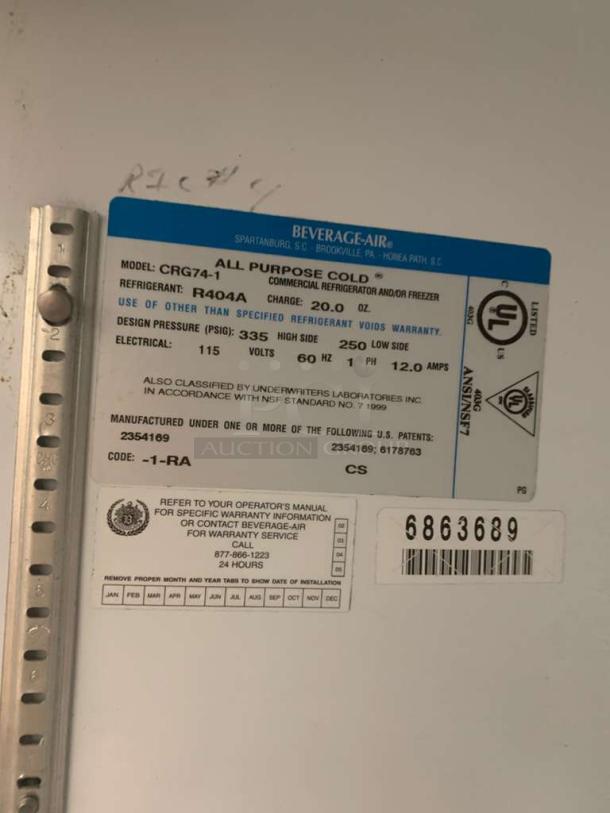 Beverage-Air CRG74-1 cooler label showing model, refrigerant type, 115V operation, and warranty details.