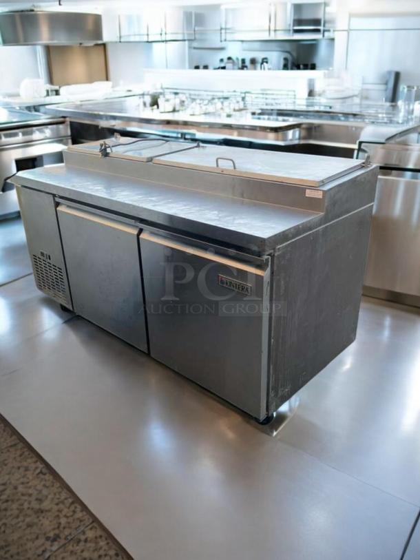 Stainless steel Mega Top Refrigerated Prep Table in great condition, fully tested and working, 115V, with double doors.