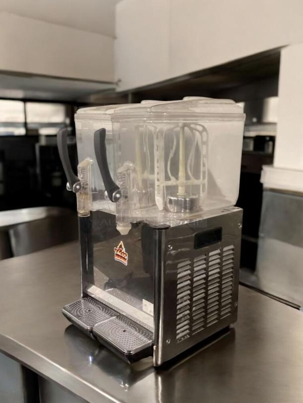 Dual-Tank Commercial Beverage Dispenser, prime condition, 115V AC, stainless steel, fully tested, brand tag visible.