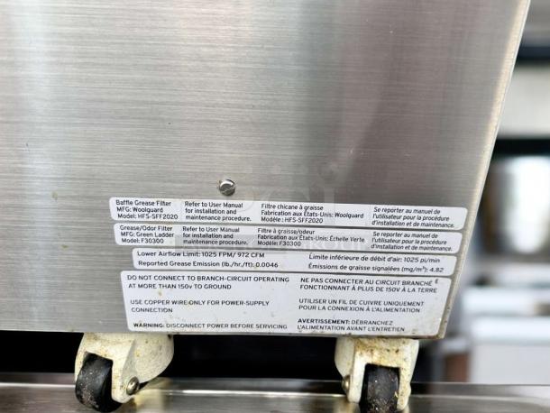 Apace UM1EGA ventless hood system; tags with filter models HFS-SFF2020, F30300; 1025 FPM airflow; outstanding condition.