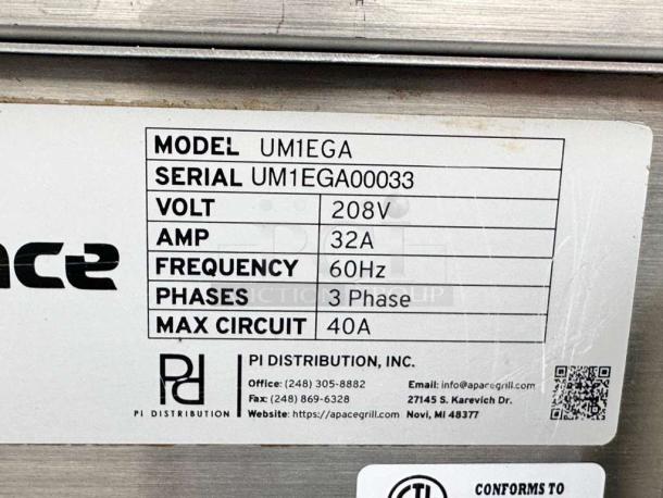 Apace UM1EGA commercial ventless hood system, 208V, 32A, excellent condition, fully tested, model tag visible with details.