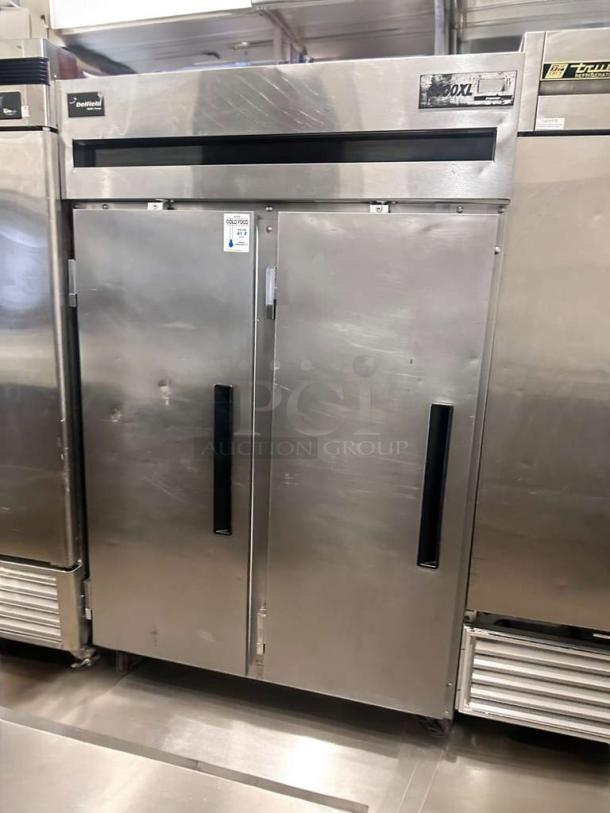 Prime condition Delfield 6000XL commercial reach-in freezer; fully tested, two-door, stainless steel exterior, visible model label.
