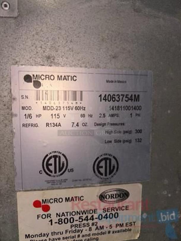 Micro Matic MDD-23 single tap beer dispenser, 115V, features R134A refrigerant, 7.4 oz capacity, in superior tested condition.