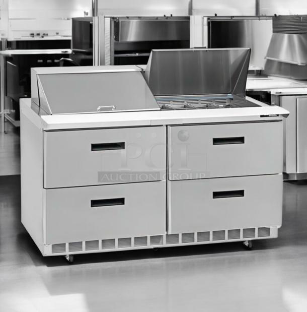 Delfield D4500N-24M refrigerated mega top prep table, outstanding condition, 115V, fully tested, stainless steel finish.