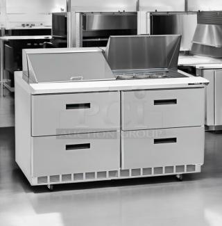 Delfield D4500N-24M refrigerated mega top prep table, outstanding condition, 115V, fully tested, stainless steel finish.