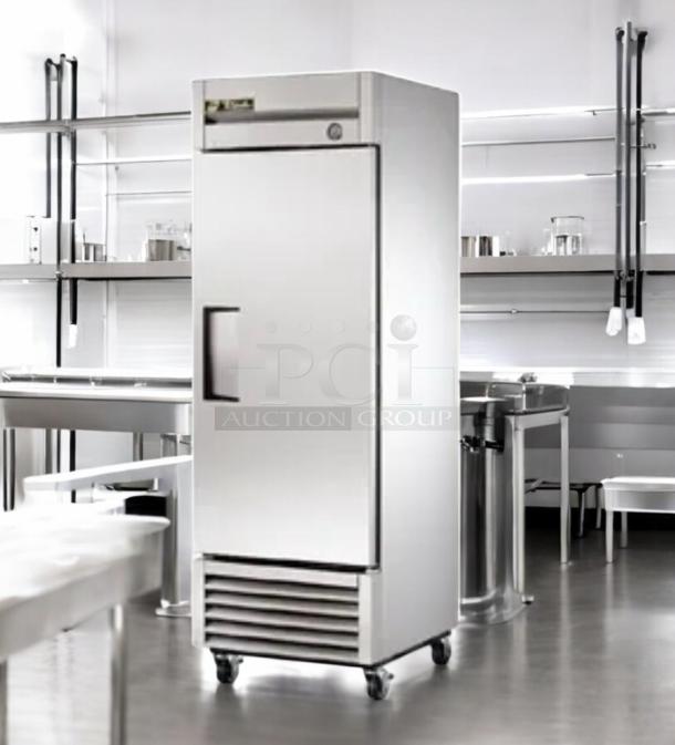 True T-23F single door reach-in freezer, prime condition, 115V, on casters, stainless steel finish, fully tested and working.