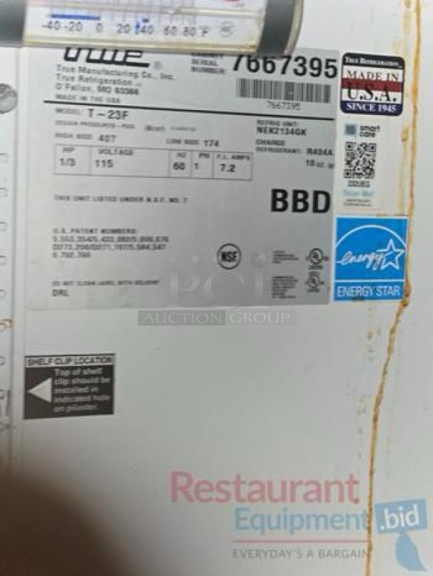 True T-23F single door reach-in freezer with label showing model details; prime condition, 115V, fully tested, Energy Star certified.