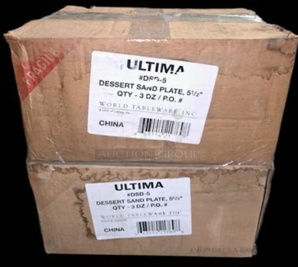 Boxed Ultima DSD-5, 5½" dessert/sandwich plates by World Tableware Inc., 3 dozen, labeled and ready for use.