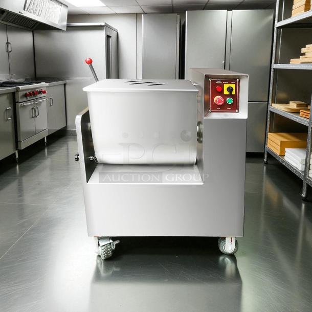 Atlantic Equipment BX70B meat filling mixer, 110V, fully tested and working, in stainless steel kitchen, control panel visible.