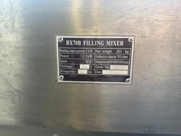 Atlantic Equipment BX70B meat filling mixer label, 110V, 1.5kW, 70L capacity, 203kg, fully tested, Series No. YA13016, 2013.