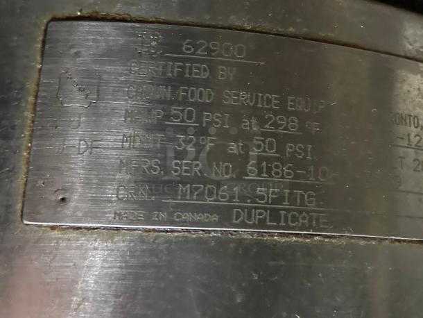 Greon TDH-48C 12 gal. steam kettle label, showing certification, specs, and serial number; made in Canada.