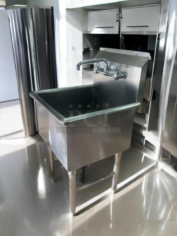 Stainless steel commercial utility sink with faucet, outstanding condition, fully tested, by Commercial Stainless Steel Fabrication.