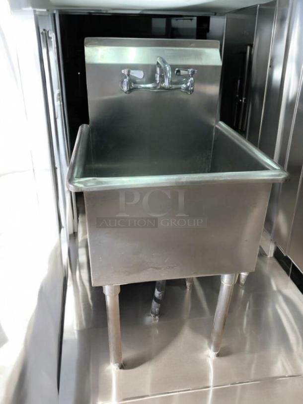 Stainless steel commercial utility sink with faucet, outstanding condition, fully tested, by Commercial Stainless Steel Fabrication.
