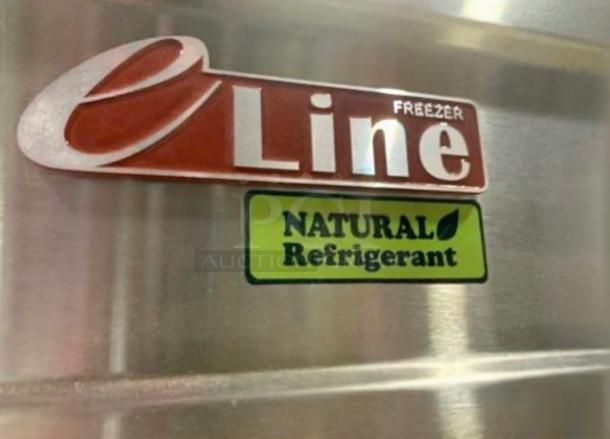 eLine Single Door Commercial Freezer, natural refrigerant, outstanding condition, tested & working, model label shown.