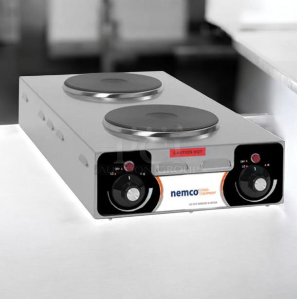 Nemco 6310-3-240 double solid burner electric hot plate, outstanding condition, 240V, fully tested, front control knobs, caution hot label.
