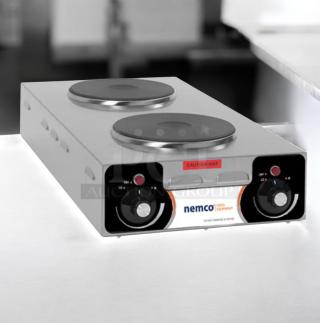 Nemco 6310-3-240 double solid burner electric hot plate, outstanding condition, 240V, fully tested, front control knobs, caution hot label.