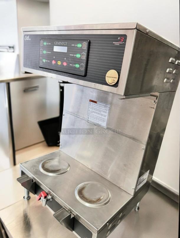 Curtis GEMINI GT coffee brewing system, stainless steel, dual warmers, fully tested, working condition, control panel visible.