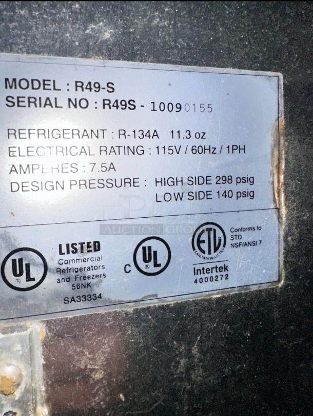 Label of True R49-S commercial refrigerator, showing model, refrigerant, electrical rating, and certification marks.