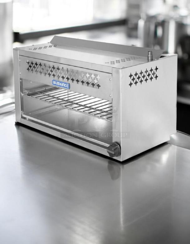 Radiance TACM-36 gas cheese melter in outstanding condition, fully tested, with stainless steel finish and brand logo visible.