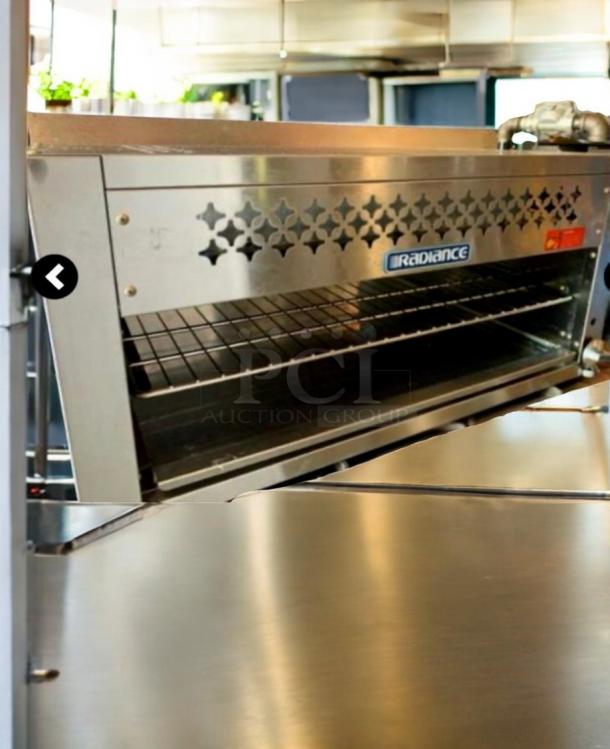 Radiance TACM-36 gas cheese melter in outstanding condition, 36 inches wide, fully tested, branded logo visible.