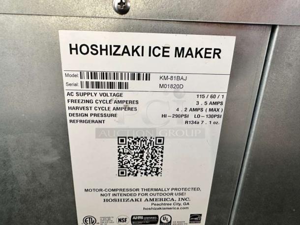 Hoshizaki KM-81BAJ Ice Maker label showing model, voltage, amperage, pressure, and refrigerant details.