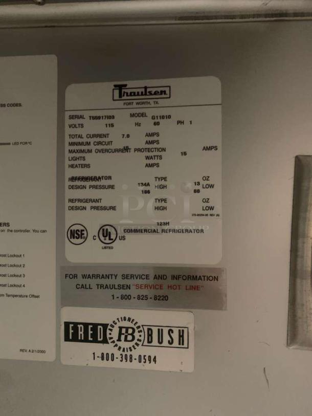 Traulsen G11010 Single Door Refrigerator, model info plaque, prime condition, tested working, NSF and UL listed.