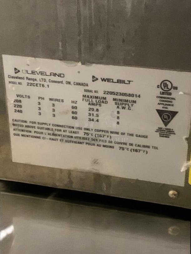 Cleveland 22CET6.1 electric countertop steamer label, showing model and serial numbers, plus electrical specifications.