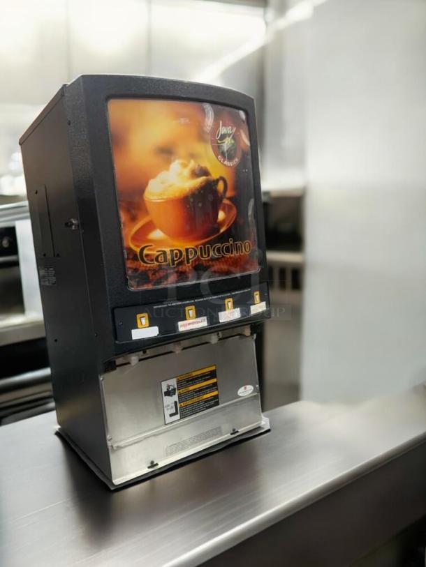 Grindmaster PIC4 hot beverage dispenser, prime condition, tested, 120V, cappuccino display, stainless-steel body, USA-made.