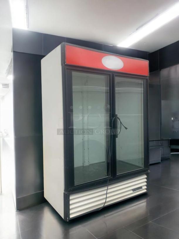 True GDM-49 two-door glass merchandiser cooler, prime condition, fully tested, 115V, by True Manufacturing Co., Inc.