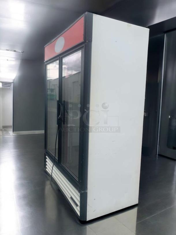 True GDM-49 two-door glass merchandiser cooler, prime condition, fully tested, 115V, by True Manufacturing Co.