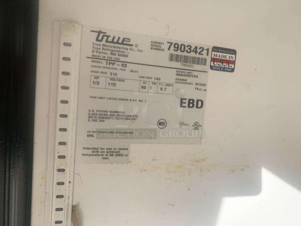 True TPP-93 Pizza Prep Table label showcasing model, voltage, patents, NSF certification, and "Made in USA" marking.